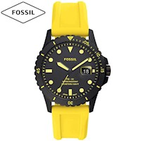 Reloj Fossil FB-01 FS5684 Fecha Acero Inoxidable Negro Correa de Silicona Amarillo